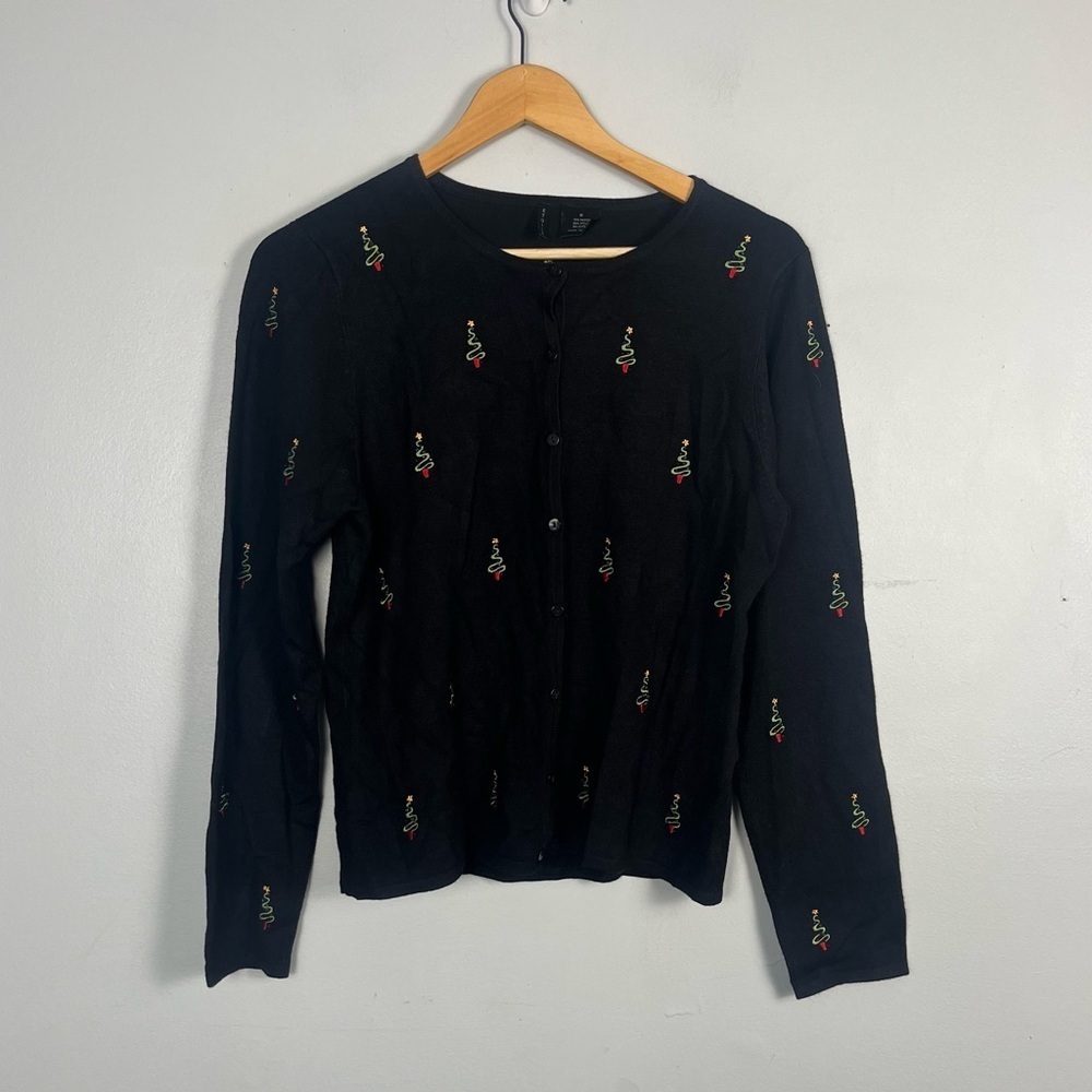 Etoile black Christmas tree button front cardigan size medium